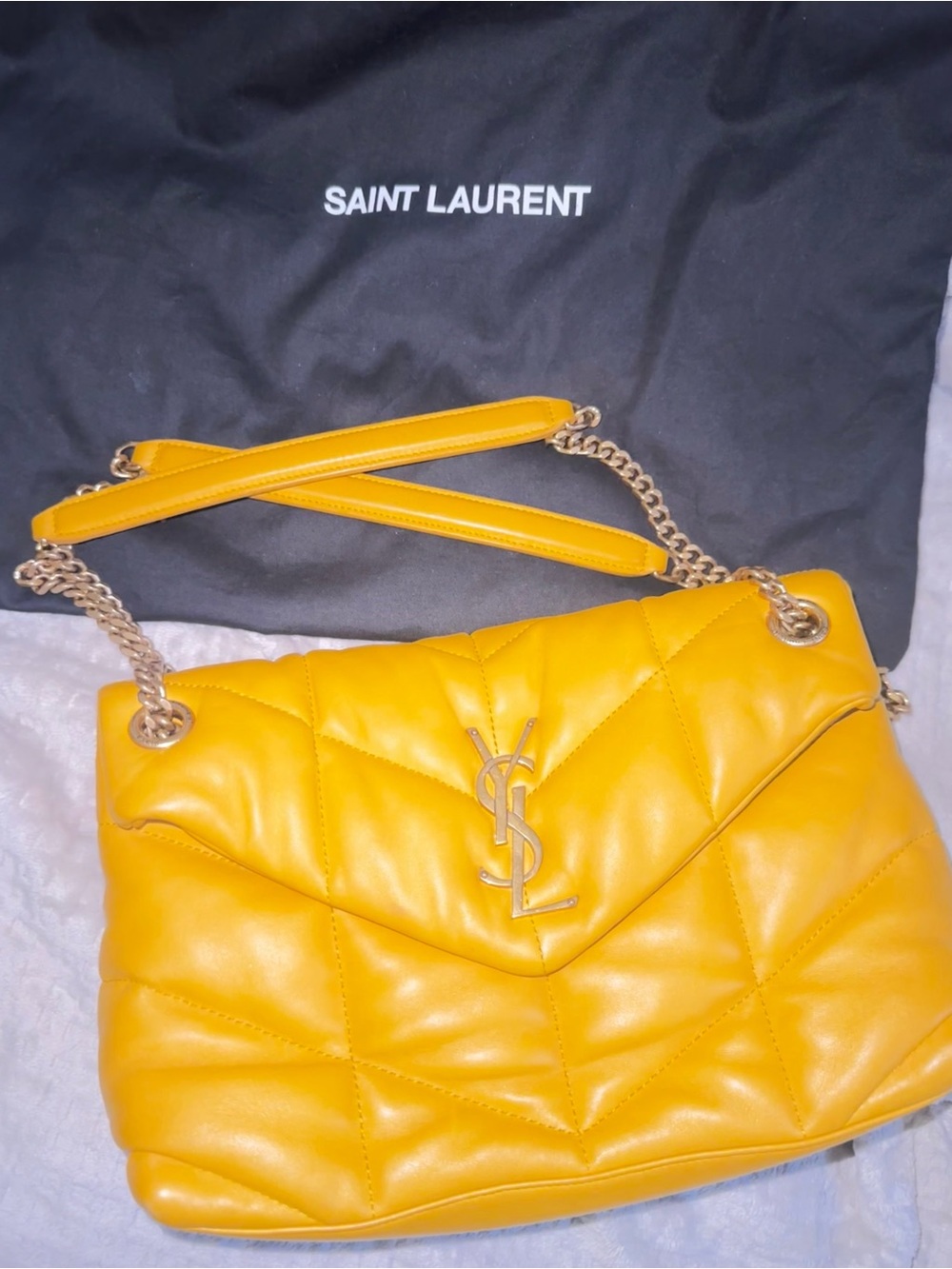 Saint Laurent Quilted Puffer Shoulder Bag in Yellow Gold Hardware